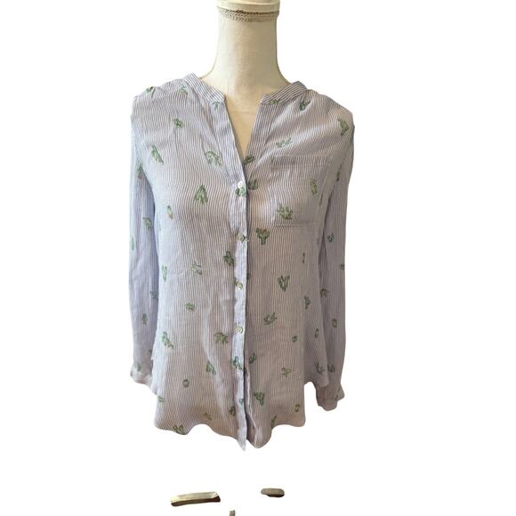 Zac & Rachel Cactus Print Casual Split Neck Long Sleeve Shirt Blue White S - Picture 1 of 6